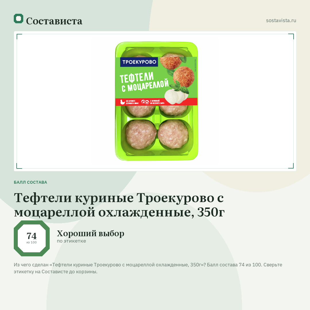 Тефтели куриные Троекурово с моцареллой охлажденные, 350г: балл состава 74 из 100 — Состависта