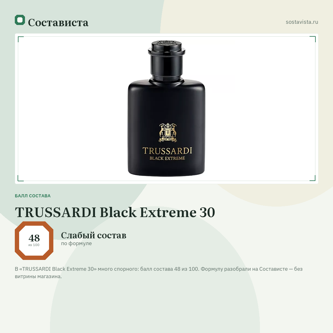 TRUSSARDI Black Extreme 30: балл состава 48 из 100 — Состависта