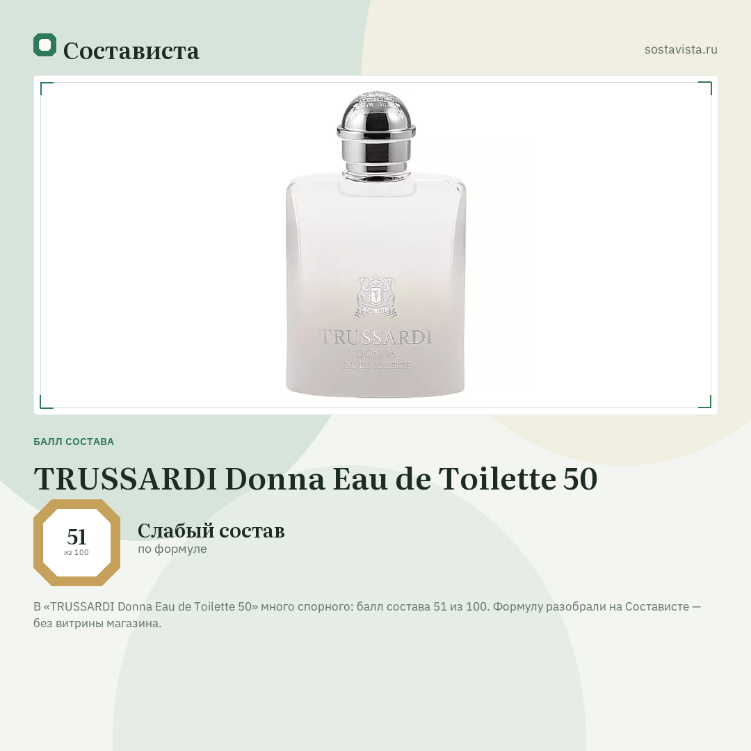TRUSSARDI Donna Eau de Toilette 50: балл состава 51 из 100 — Состависта