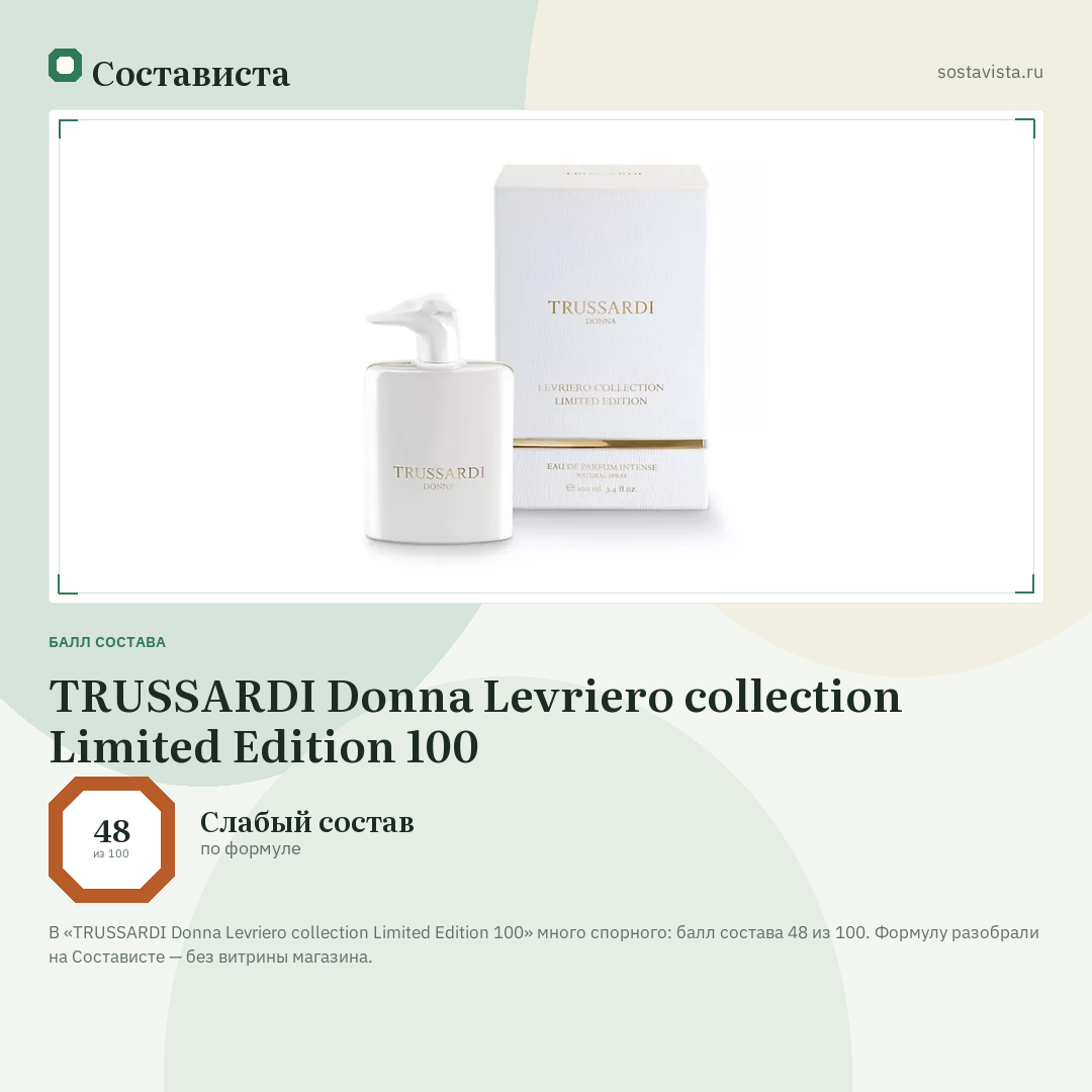 TRUSSARDI Donna Levriero collection Limited Edition 100: балл состава 48 из 100 — Состависта