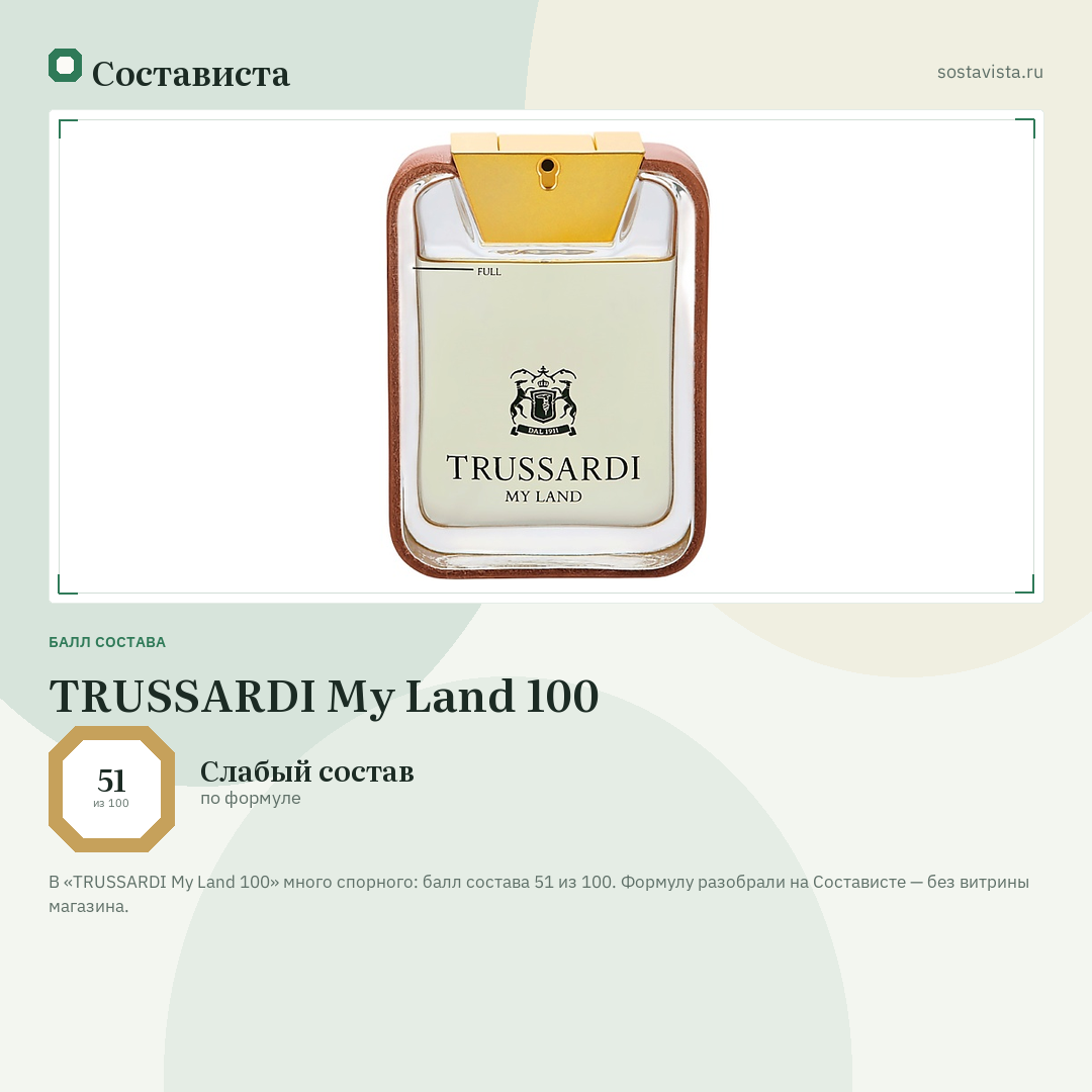 TRUSSARDI My Land 100: балл состава 51 из 100 — Состависта