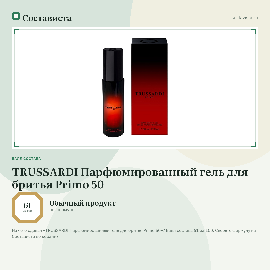TRUSSARDI Парфюмированный гель для бритья Primo 50: балл состава 61 из 100 — Состависта