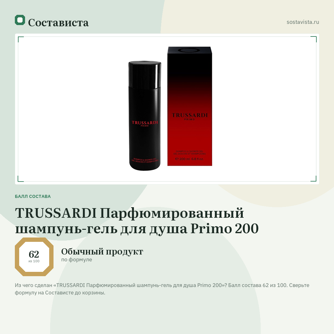 TRUSSARDI Парфюмированный шампунь-гель для душа Primo 200: балл состава 62 из 100 — Состависта