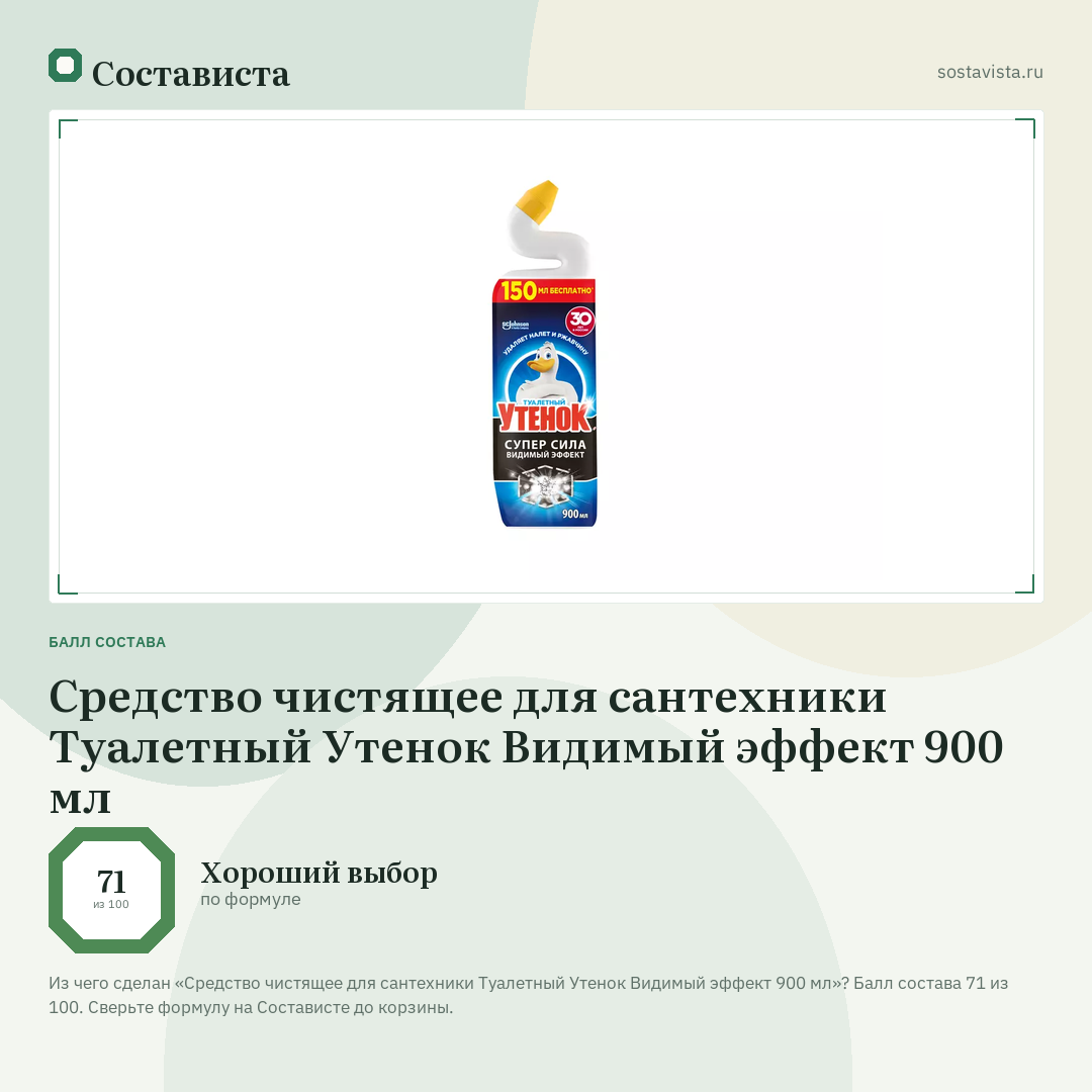 Средство чистящее для сантехники Туалетный Утенок Видимый эффект 900 мл: балл состава 71 из 100 — Состависта
