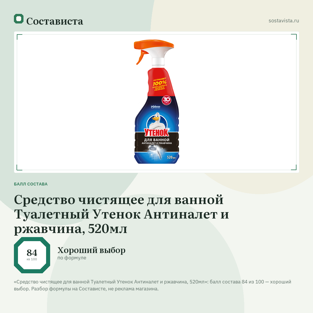 Средство чистящее для ванной Туалетный Утенок Антиналет и ржавчина, 520мл: балл состава 84 из 100 — Состависта