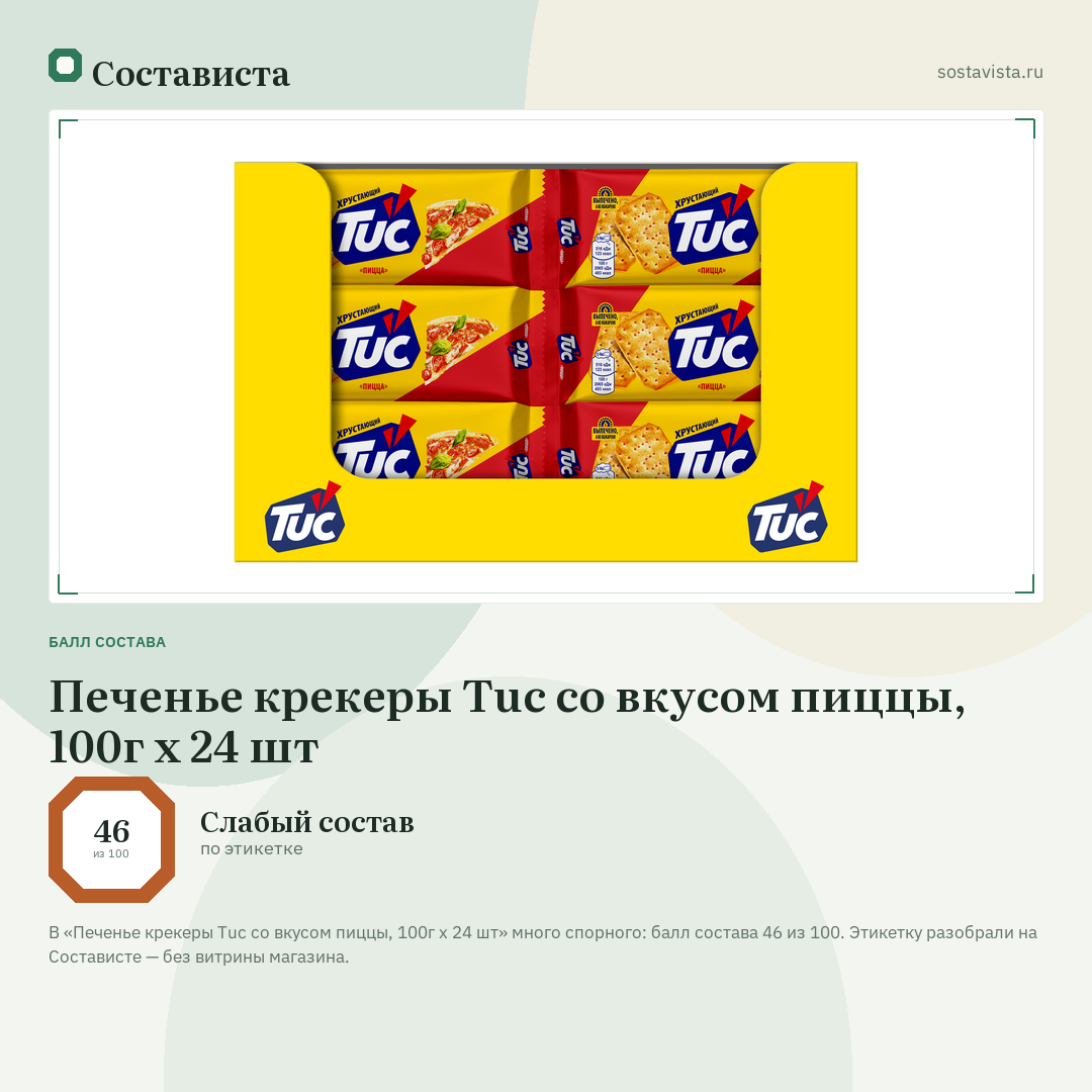 Печенье крекеры Tuc со вкусом пиццы, 100г x 24 шт: балл состава 46 из 100 — Состависта