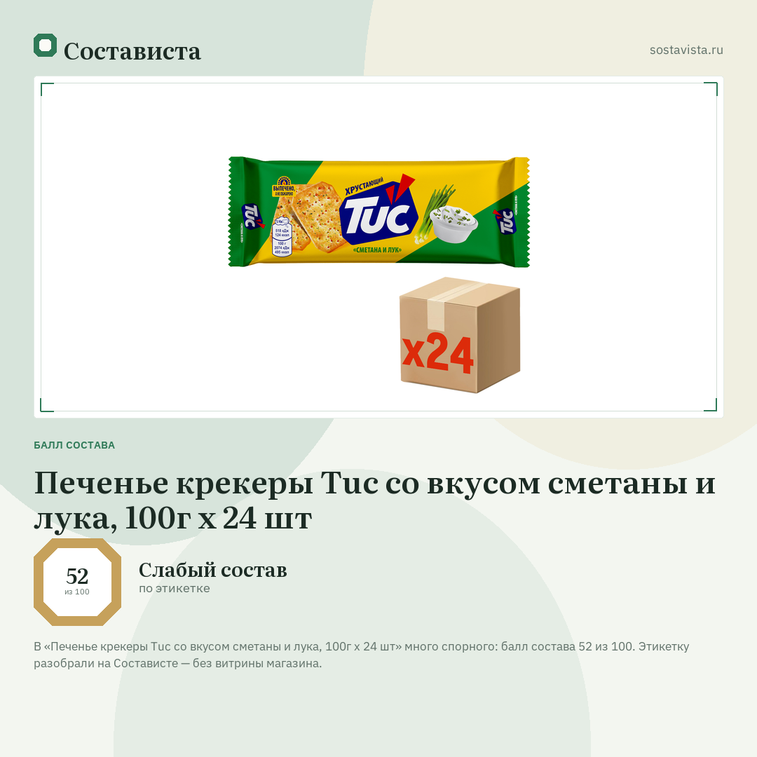 Печенье крекеры Tuc со вкусом сметаны и лука, 100г x 24 шт: балл состава 52 из 100 — Состависта