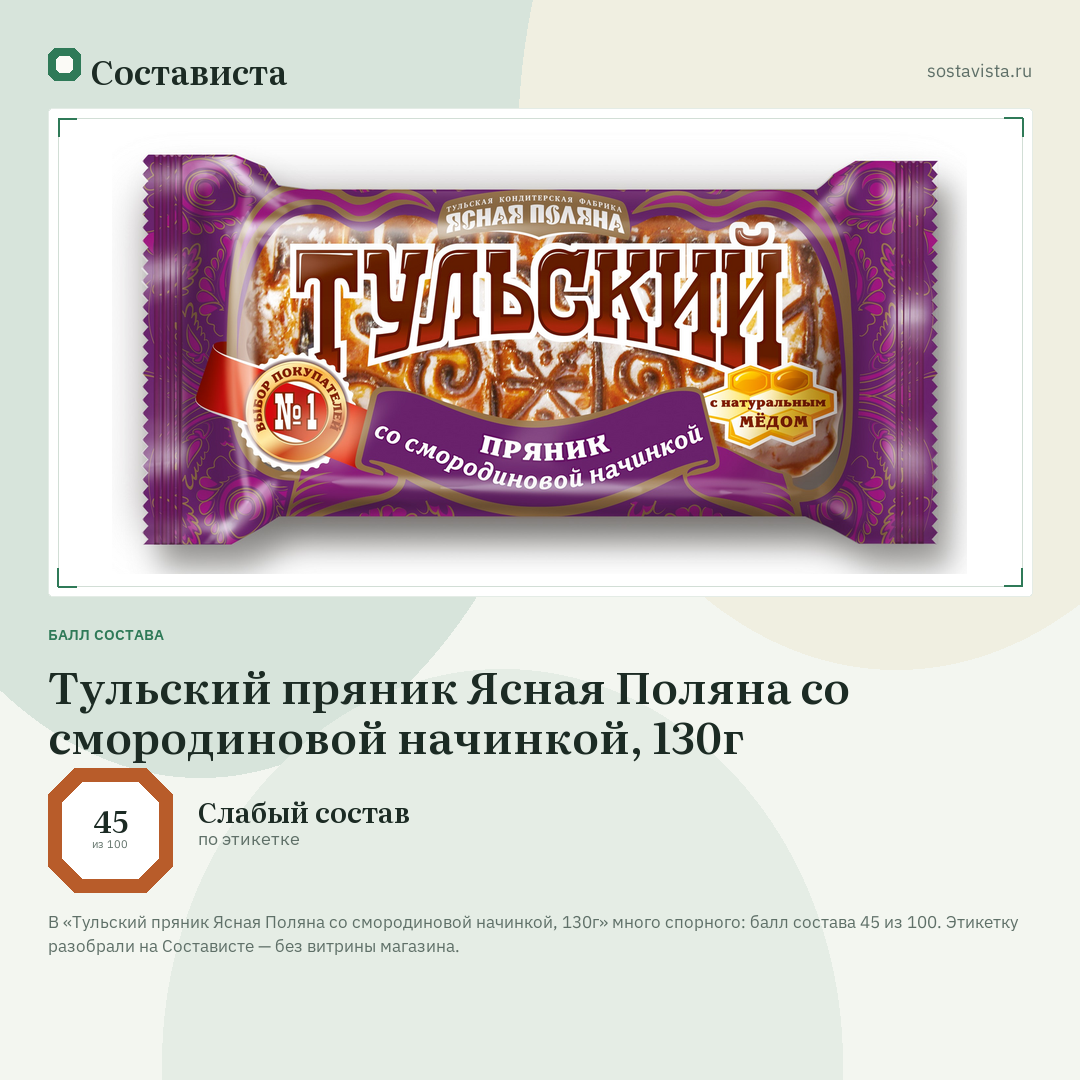 Тульский пряник Ясная Поляна со смородиновой начинкой, 130г: балл состава 45 из 100 — Состависта