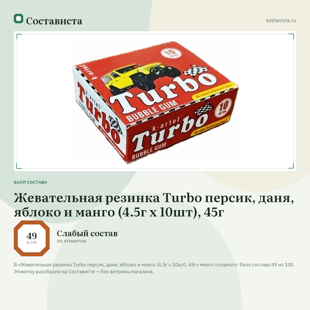 Жевательная резинка Turbo персик, даня, яблоко и манго (4.5г x 10шт), 45г: балл состава 49 из 100 — Состависта