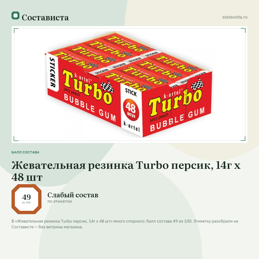 Жевательная резинка Turbo персик, 14г x 48 шт: балл состава 49 из 100 — Состависта