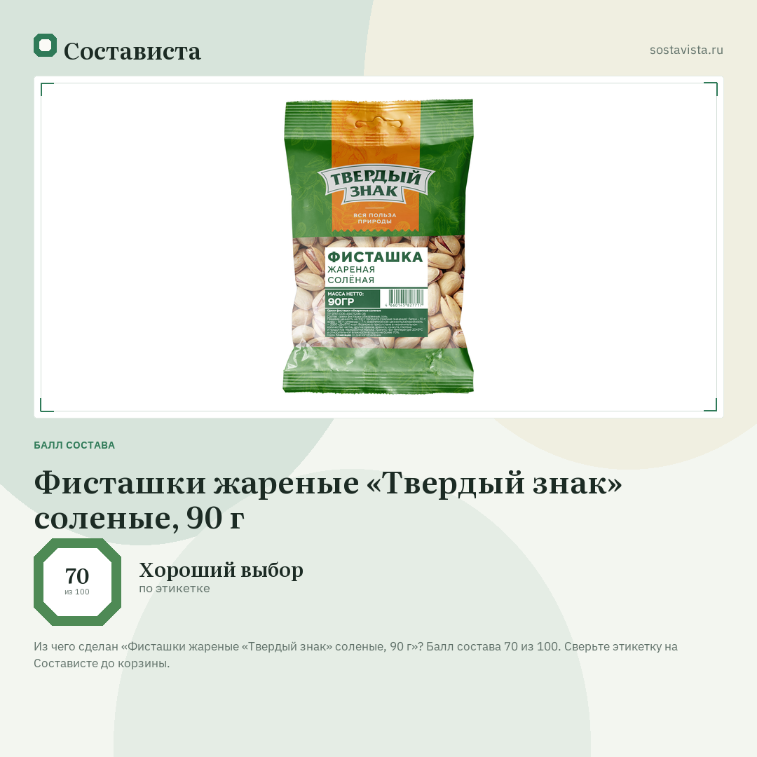 Фисташки жареные «Твердый знак» соленые, 90 г: балл состава 70 из 100 — Состависта