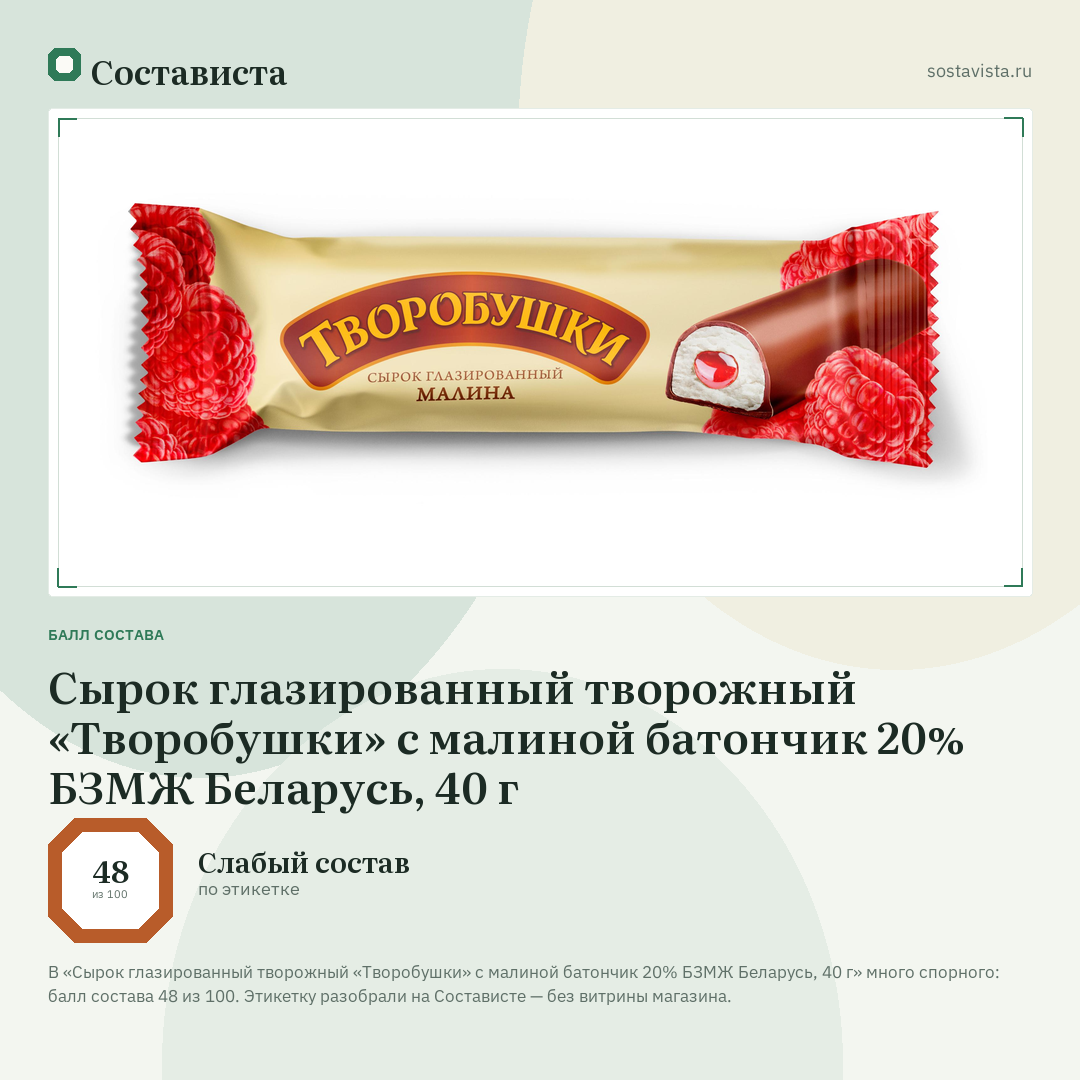 Сырок глазированный творожный «Творобушки» с малиной батончик 20% БЗМЖ Беларусь, 40 г: балл состава 48 из 100 — Состависта