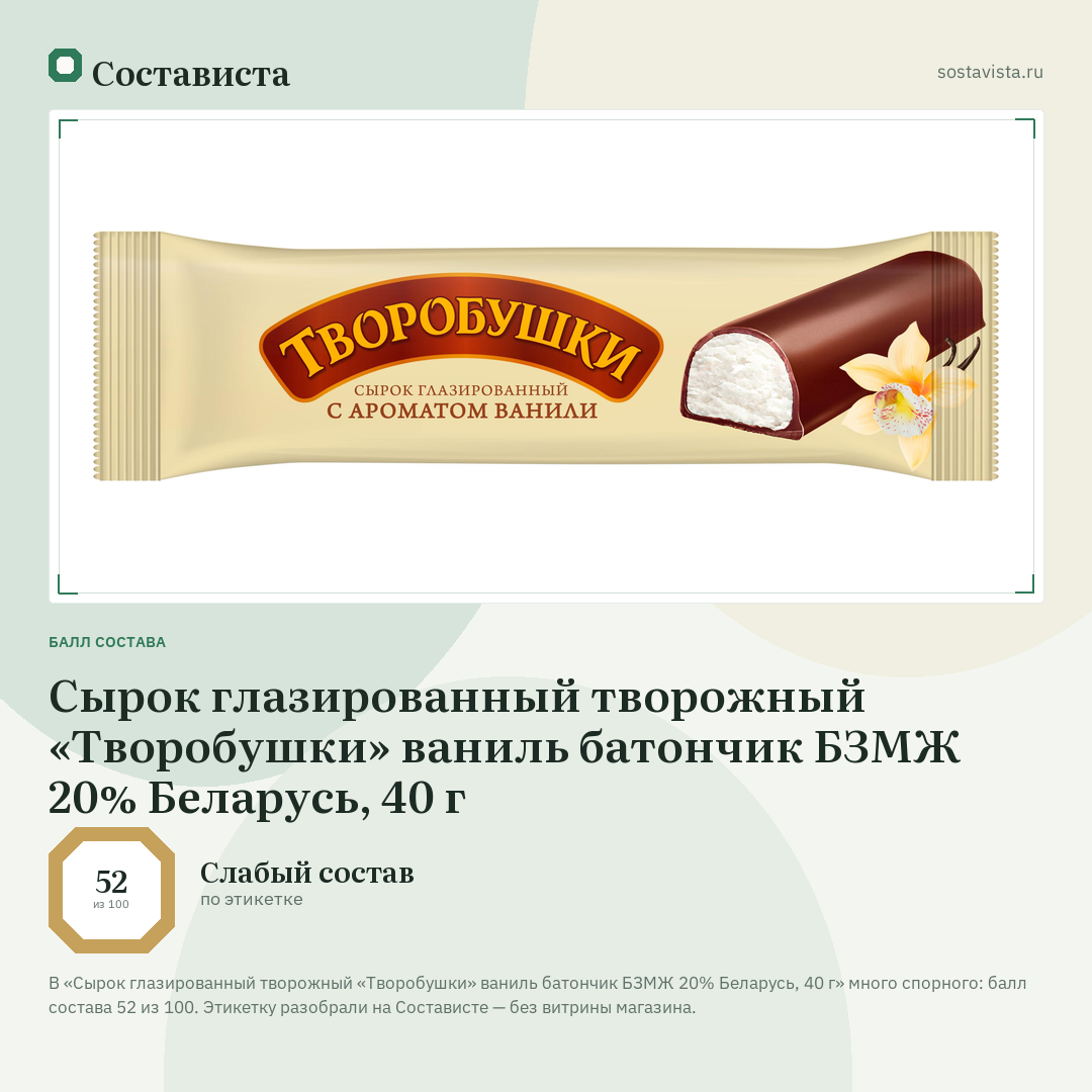Сырок глазированный творожный «Творобушки» ваниль батончик БЗМЖ 20% Беларусь, 40 г: балл состава 52 из 100 — Состависта