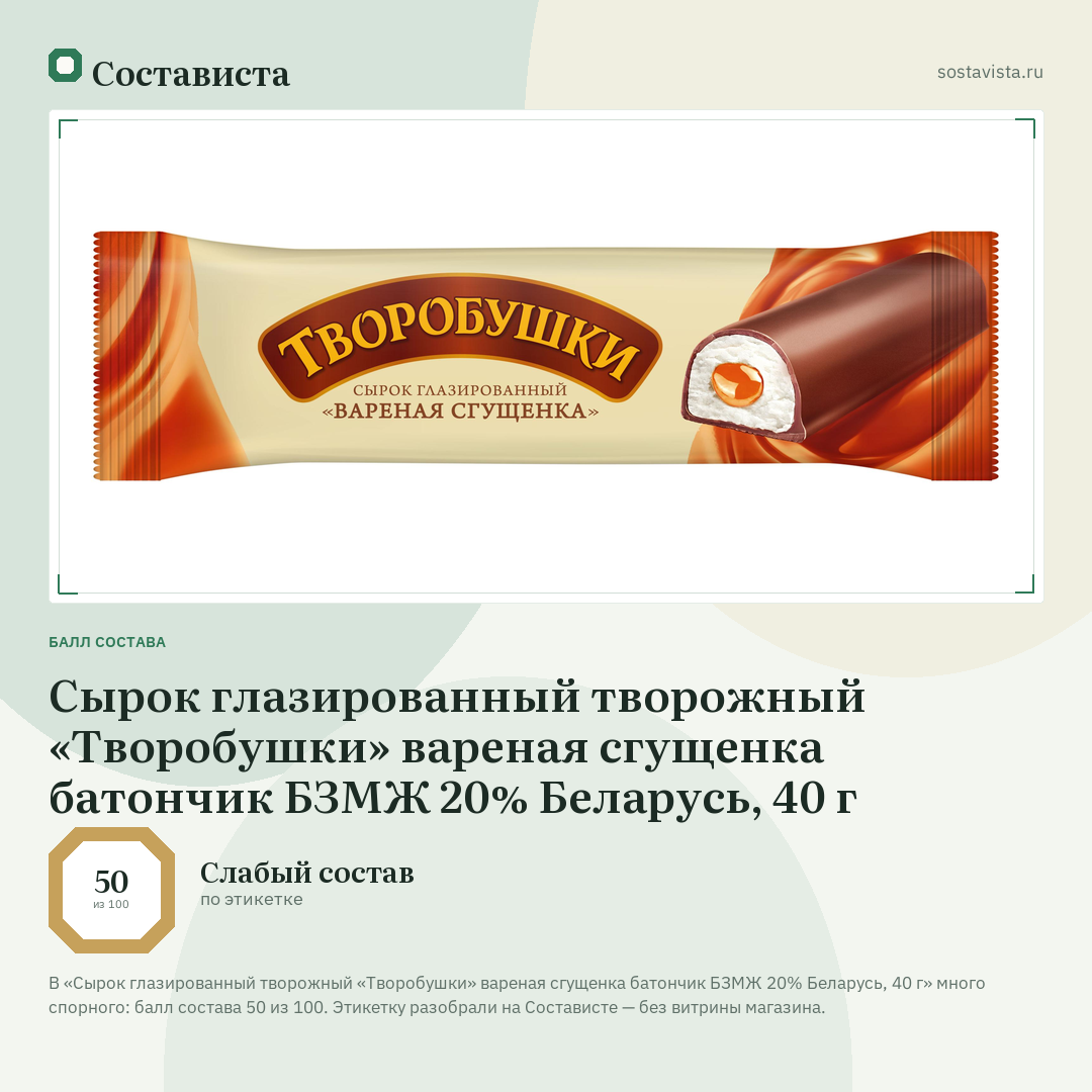 Сырок глазированный творожный «Творобушки» вареная сгущенка батончик БЗМЖ 20% Беларусь, 40 г: балл состава 50 из 100 — Состависта