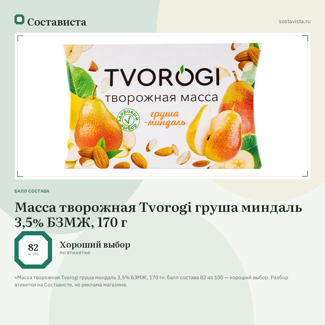 Масса творожная Tvorogi груша миндаль 3,5% БЗМЖ, 170 г: балл состава 82 из 100 — Состависта