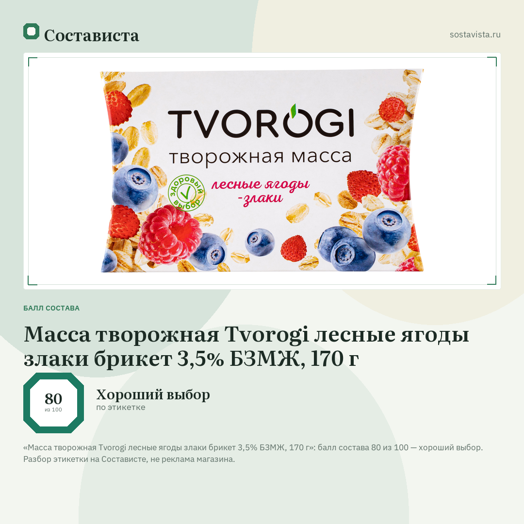Масса творожная Tvorogi лесные ягоды злаки брикет 3,5% БЗМЖ, 170 г: балл состава 80 из 100 — Состависта