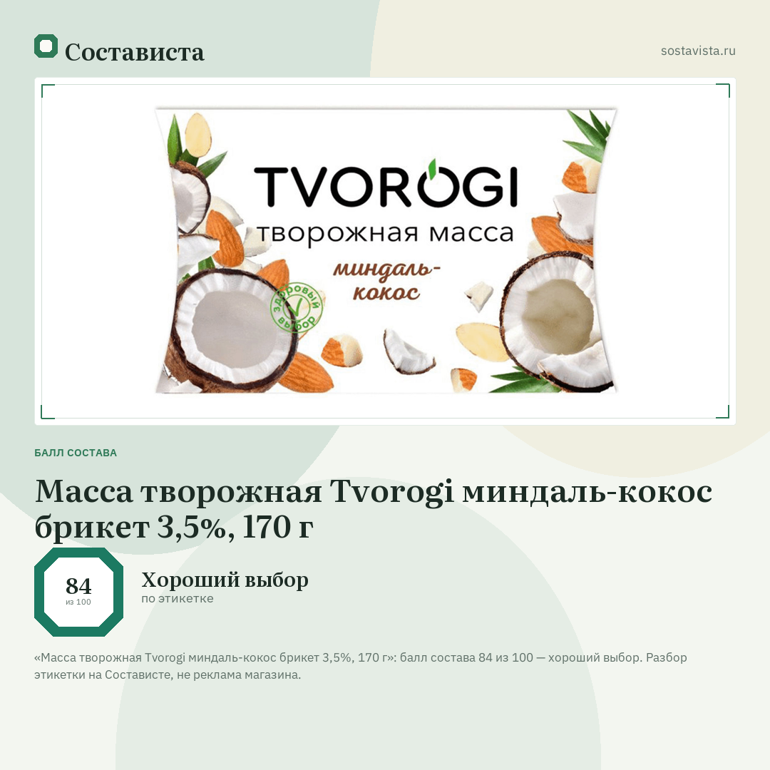Масса творожная Tvorogi миндаль-кокос брикет 3,5%, 170 г: балл состава 84 из 100 — Состависта