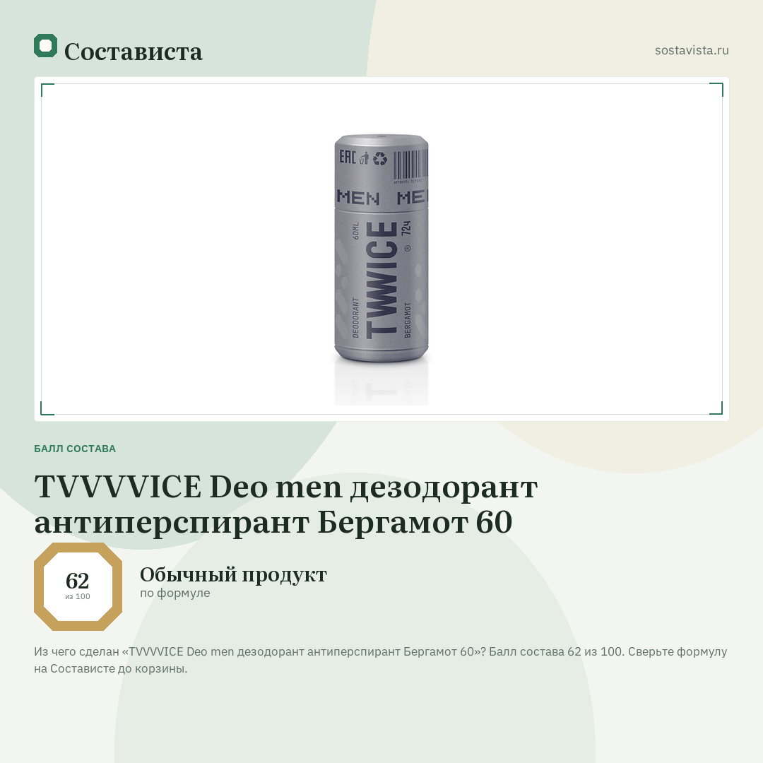 TVVVVICE Deo men дезодорант антиперспирант Бергамот 60: балл состава 62 из 100 — Состависта