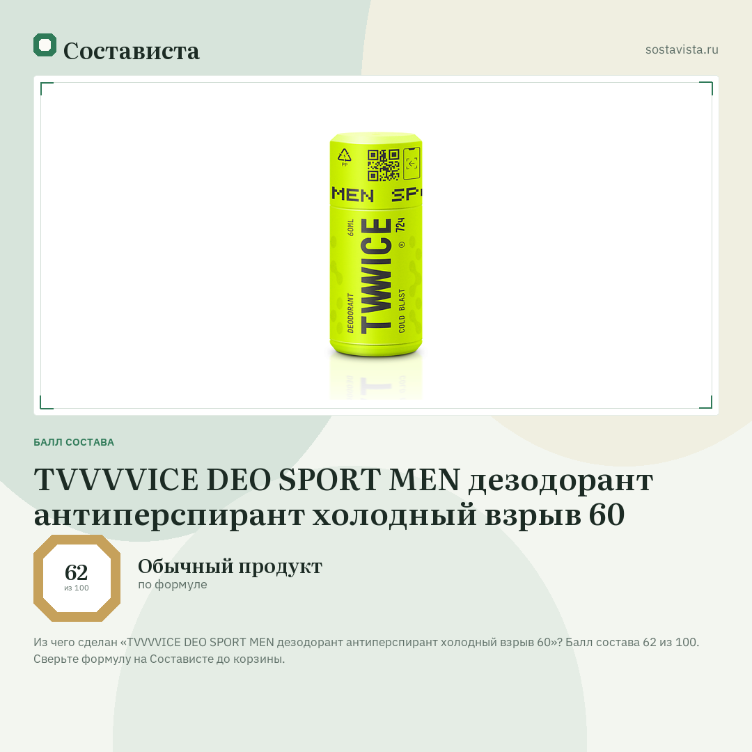 TVVVVICE DEO SPORT MEN дезодорант антиперспирант холодный взрыв 60: балл состава 62 из 100 — Состависта