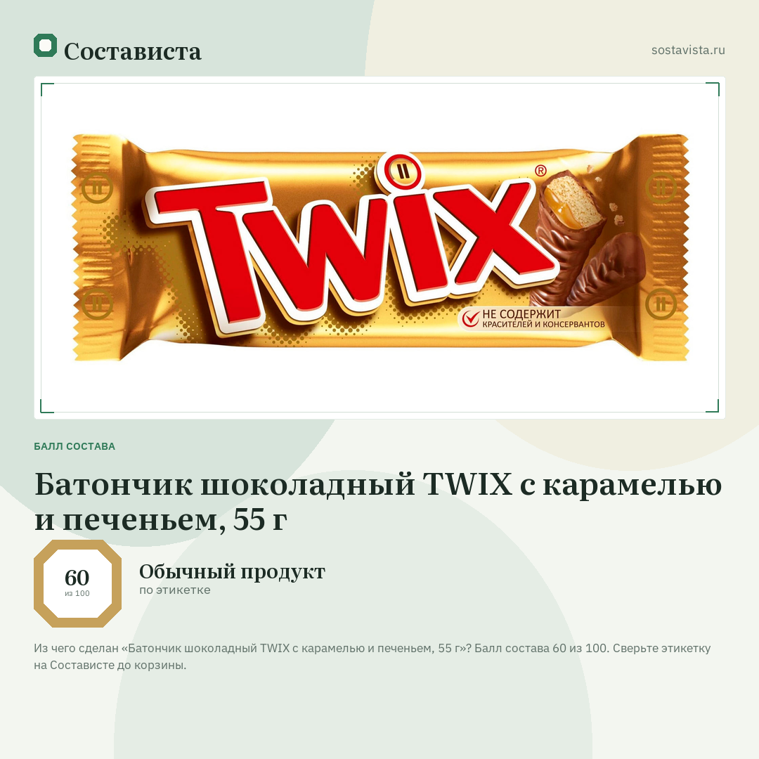 Батончик шоколадный TWIX с карамелью и печеньем, 55 г: балл состава 60 из 100 — Состависта