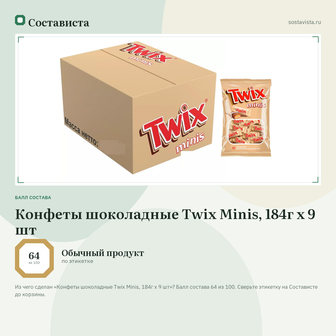 Конфеты шоколадные Twix Minis, 184г х 9 шт: балл состава 64 из 100 — Состависта
