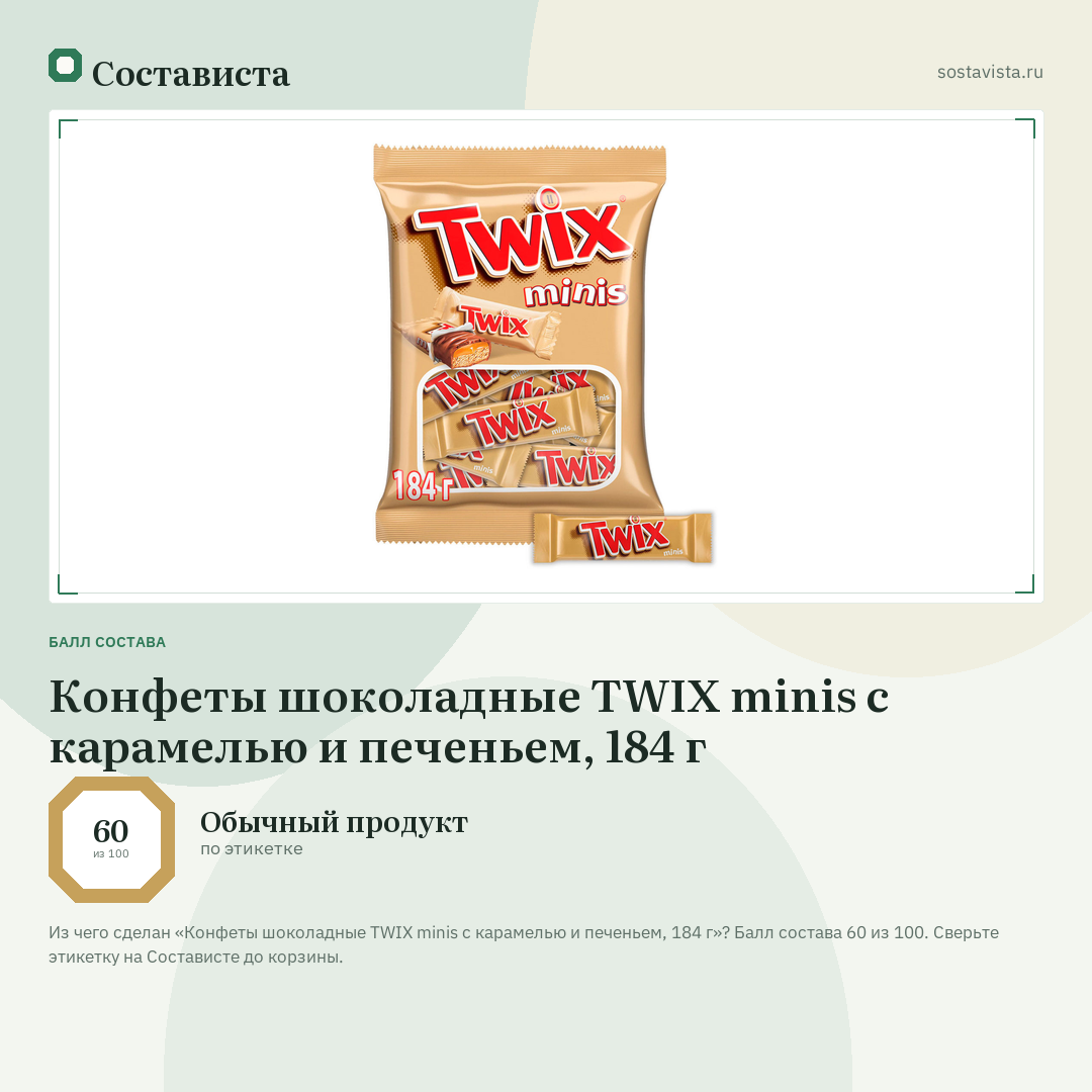 Конфеты шоколадные TWIX minis с карамелью и печеньем, 184 г: балл состава 60 из 100 — Состависта