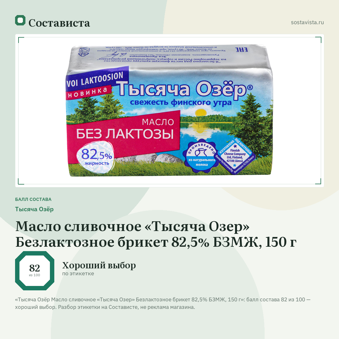 Тысяча Озёр Масло сливочное «Тысяча Озер» Безлактозное брикет 82,5% БЗМЖ, 150 г: балл состава 82 из 100 — Состависта