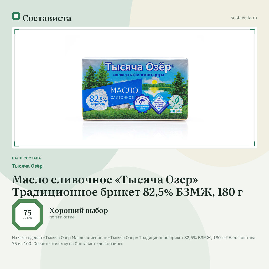 Тысяча Озёр Масло сливочное «Тысяча Озер» Традиционное брикет 82,5% БЗМЖ, 180 г: балл состава 75 из 100 — Состависта