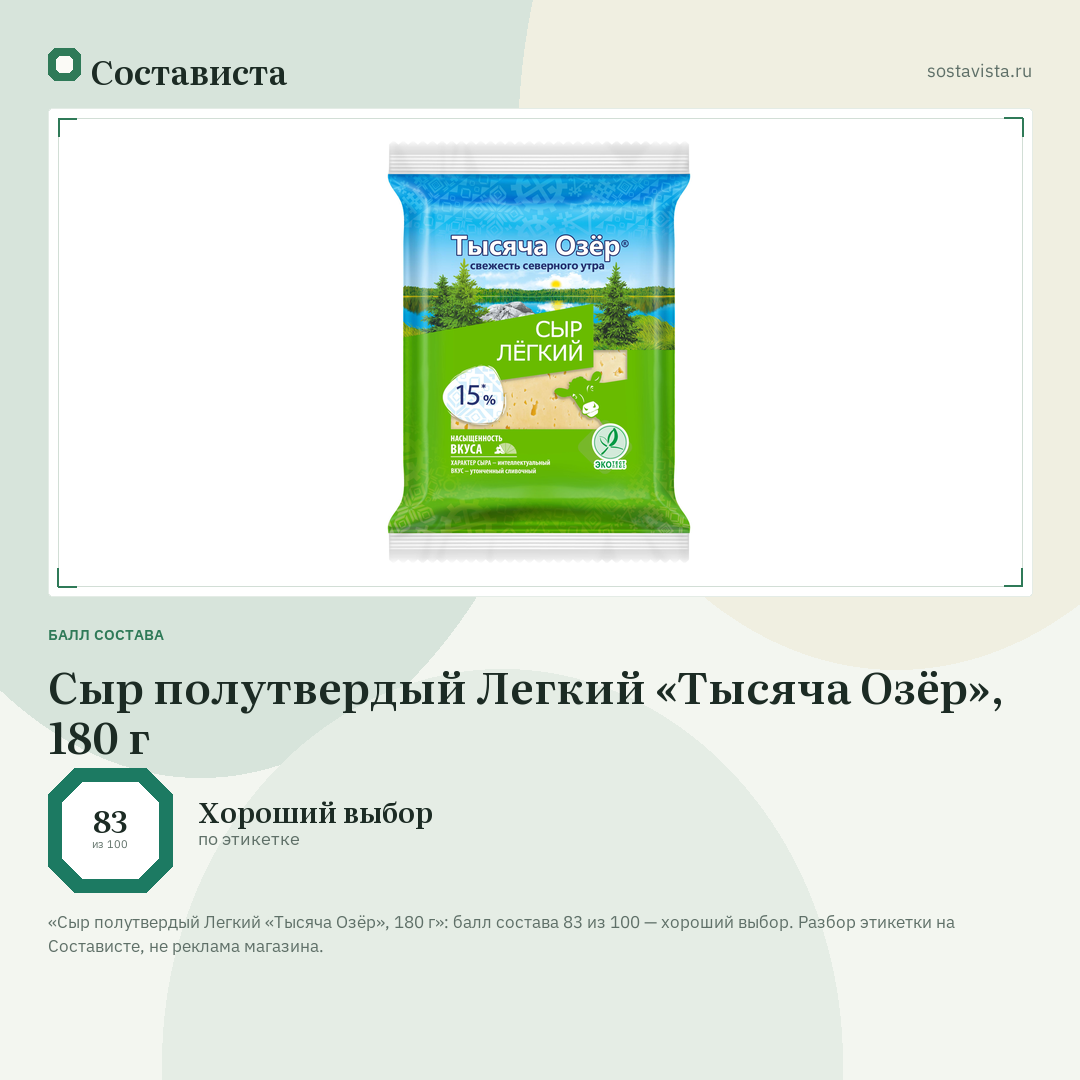 Сыр полутвердый Легкий «Тысяча Озёр», 180 г: балл состава 83 из 100 — Состависта
