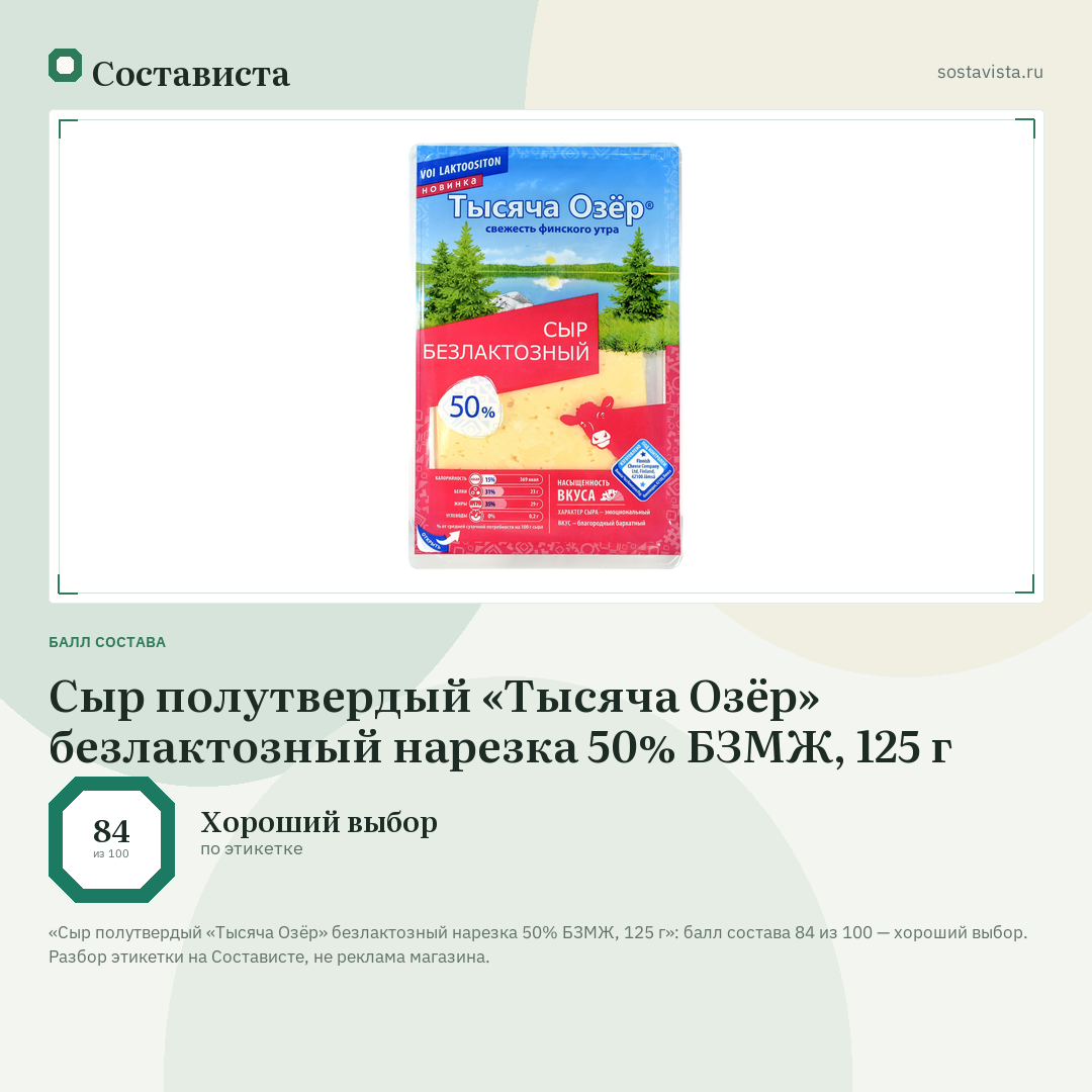 Сыр полутвердый «Тысяча Озёр» безлактозный нарезка 50% БЗМЖ, 125 г: балл состава 84 из 100 — Состависта