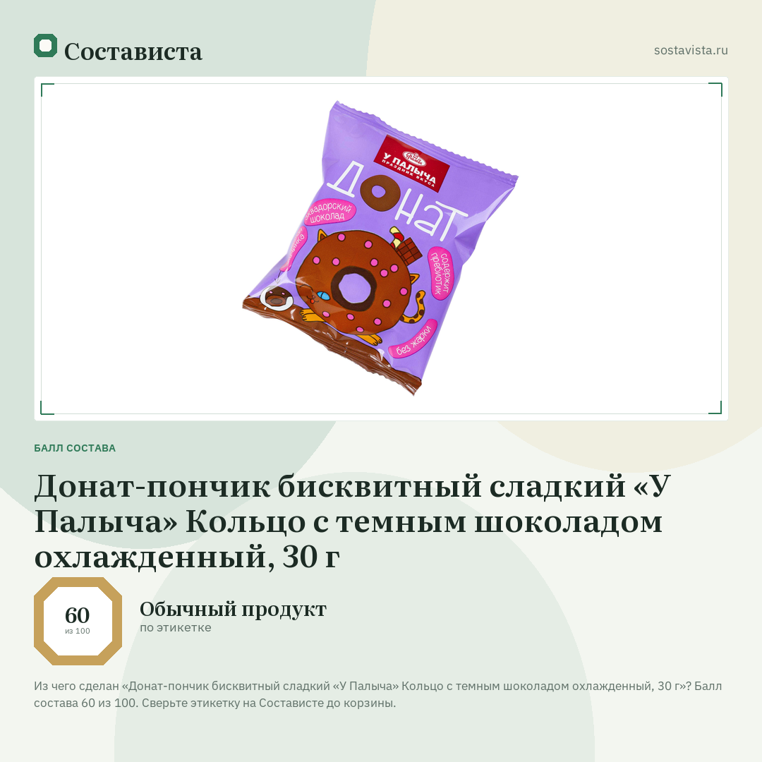 Донат-пончик бисквитный сладкий «У Палыча» Кольцо с темным шоколадом охлажденный, 30 г: балл состава 60 из 100 — Состависта