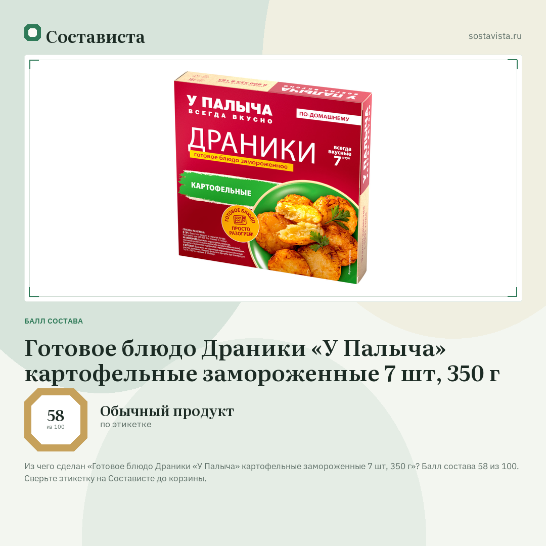 Готовое блюдо Драники «У Палыча» картофельные замороженные 7 шт, 350 г: балл состава 58 из 100 — Состависта