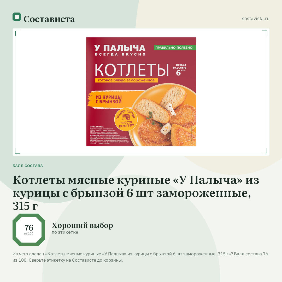 Котлеты мясные куриные «У Палыча» из курицы с брынзой 6 шт замороженные, 315 г: балл состава 76 из 100 — Состависта