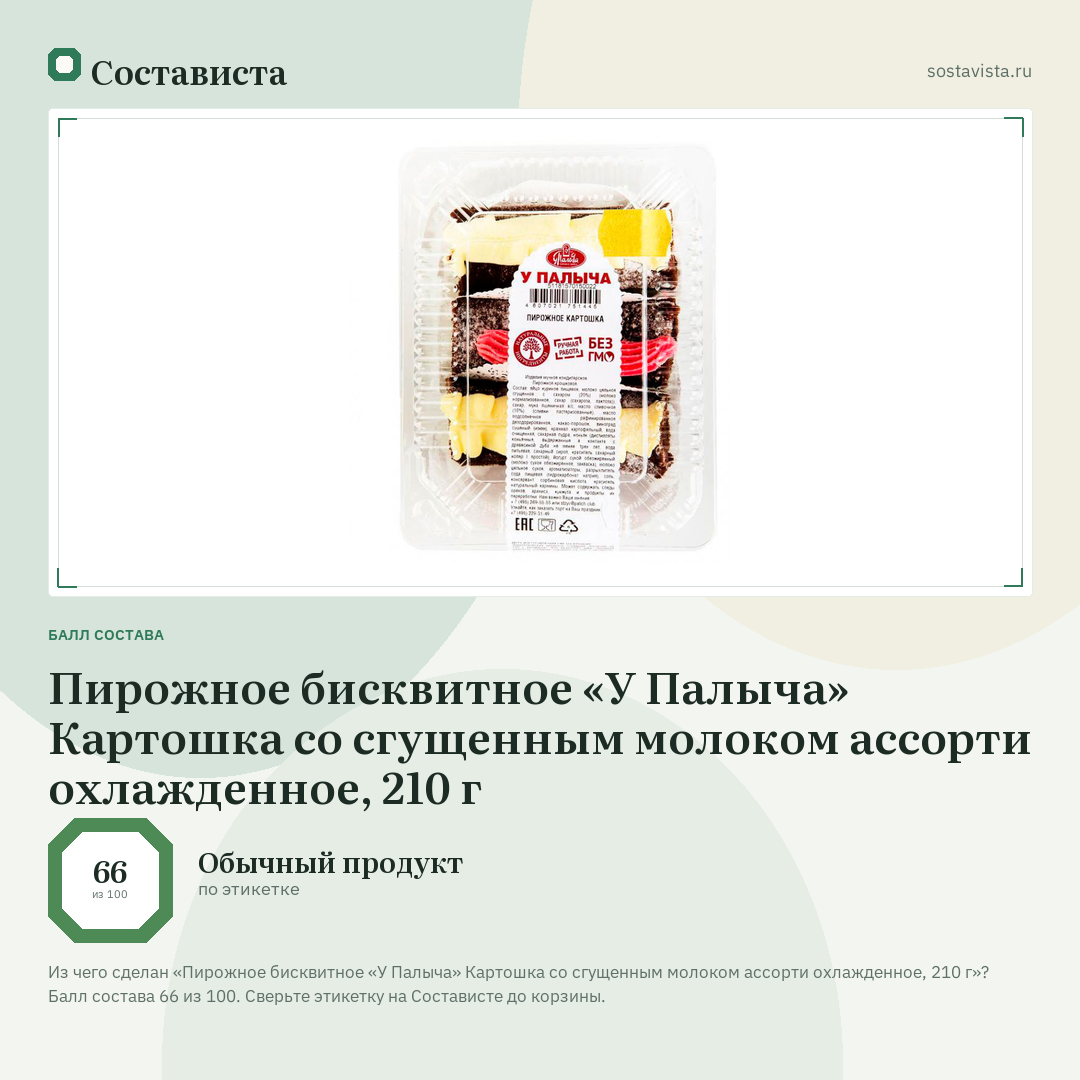 Пирожное бисквитное «У Палыча» Картошка со сгущенным молоком ассорти охлажденное, 210 г: балл состава 66 из 100 — Состависта
