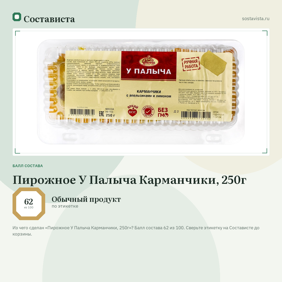 Пирожное У Палыча Карманчики, 250г: балл состава 62 из 100 — Состависта