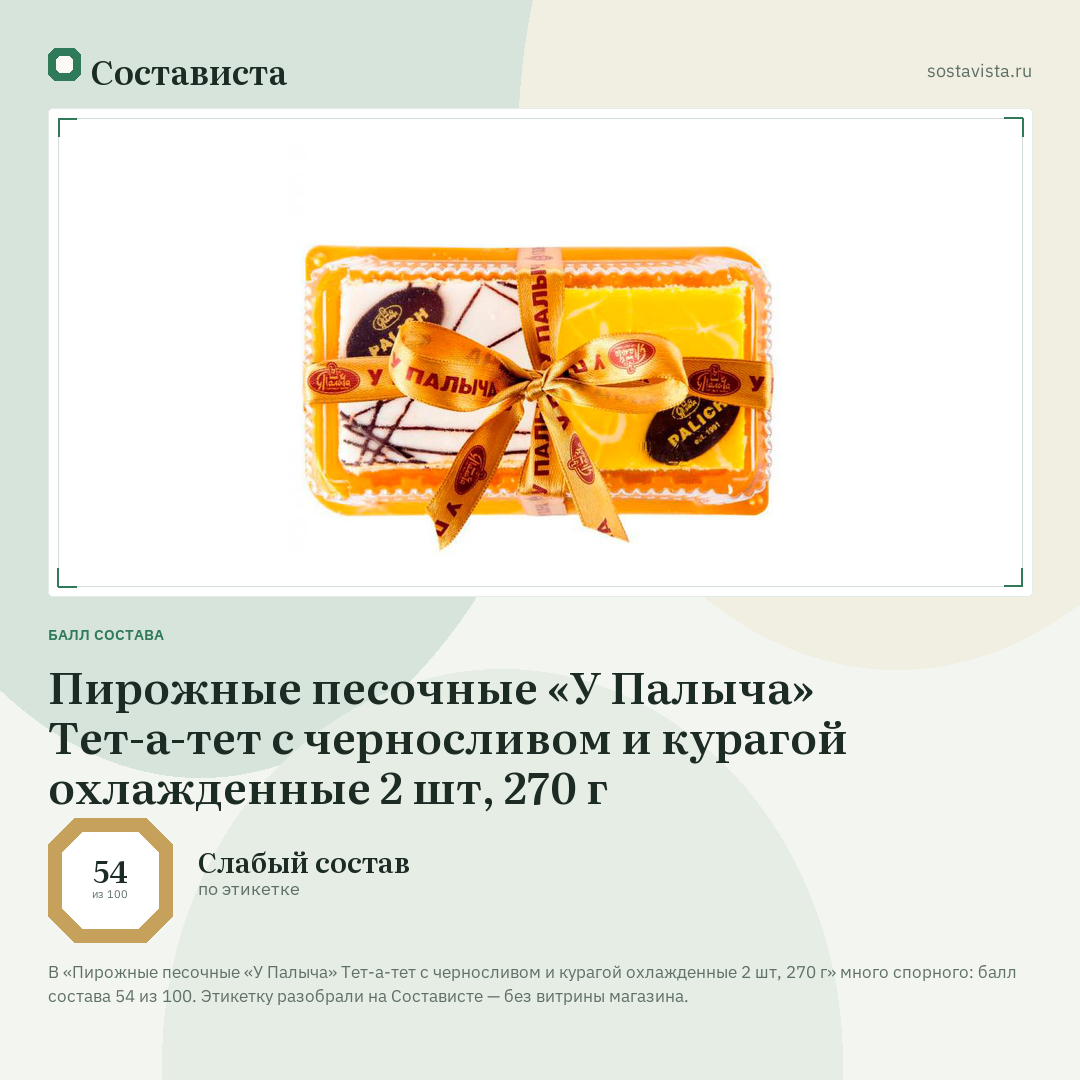 Пирожные песочные «У Палыча» Тет-а-тет с черносливом и курагой охлажденные 2 шт, 270 г: балл состава 54 из 100 — Состависта