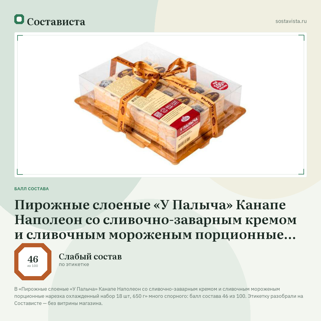 Пирожные слоеные «У Палыча» Канапе Наполеон со сливочно-заварным кремом и сливочным мороженым порционные нарезка охлажденный набор 18 шт, 650 г: балл состава 46 из 100 — Состависта
