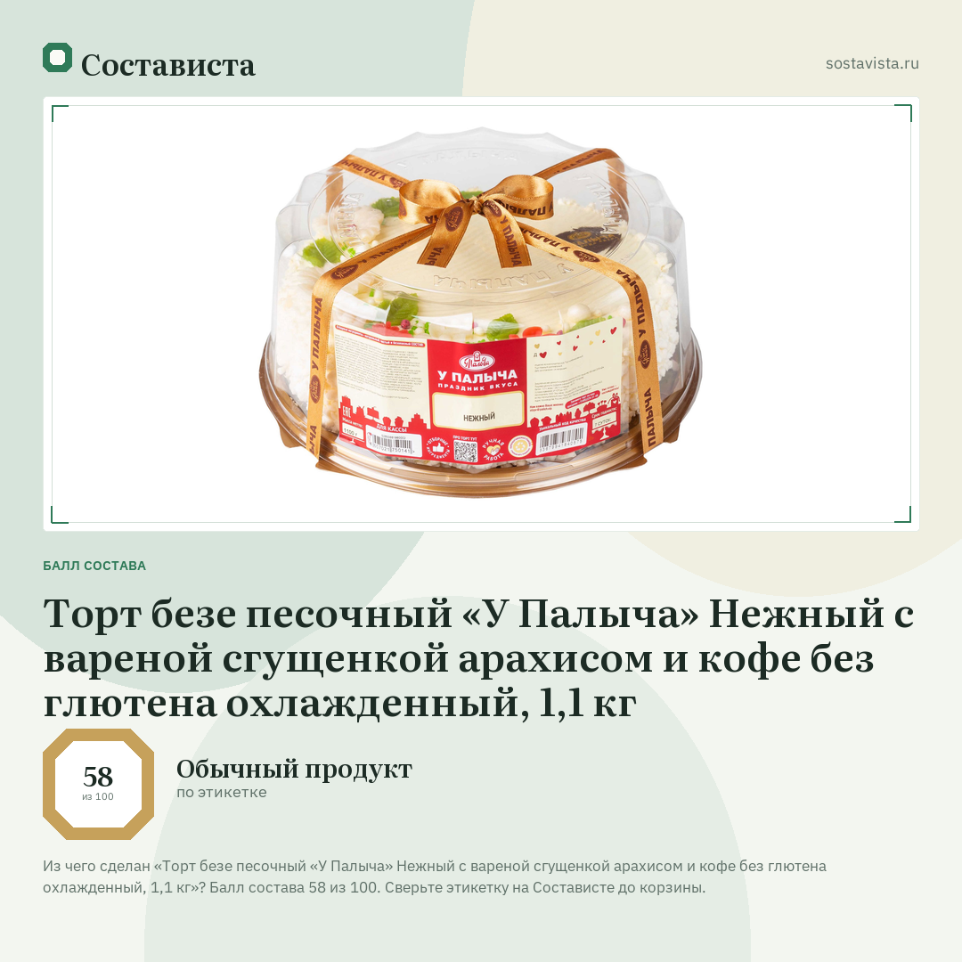 Торт безе песочный «У Палыча» Нежный с вареной сгущенкой арахисом и кофе без глютена охлажденный, 1,1 кг: балл состава 58 из 100 — Состависта