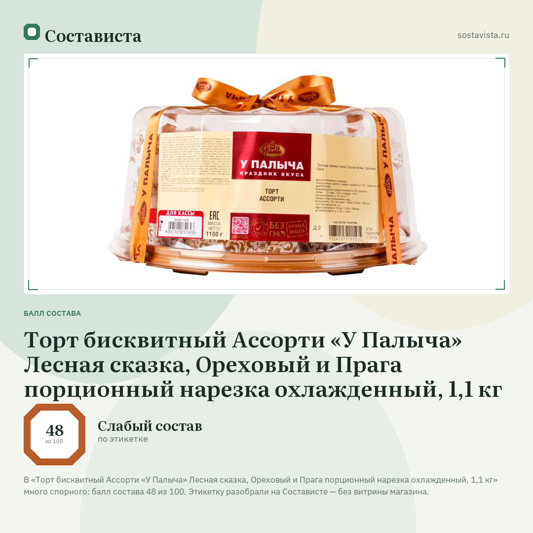 Торт бисквитный Ассорти «У Палыча» Лесная сказка, Ореховый и Прага порционный нарезка охлажденный, 1,1 кг: балл состава 48 из 100 — Состависта