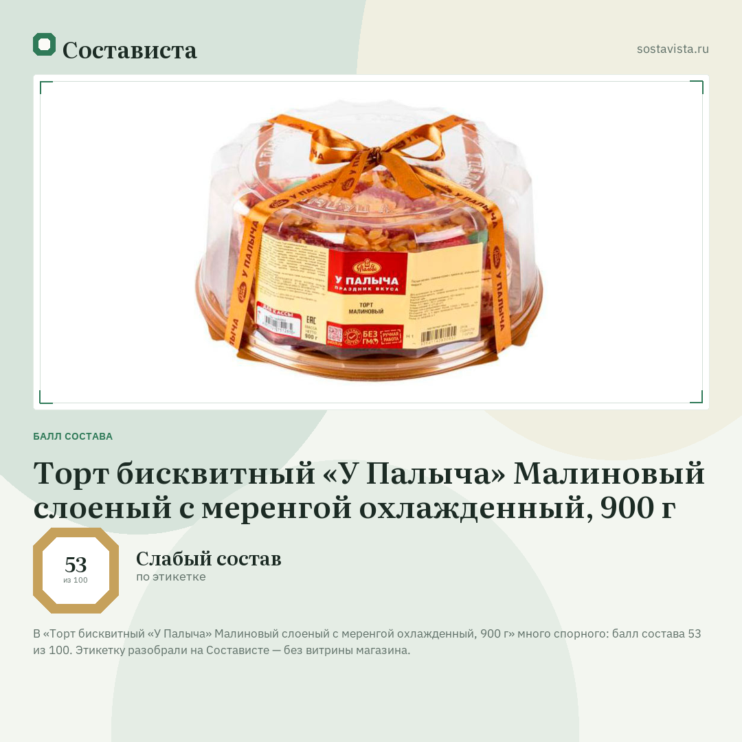 Торт бисквитный «У Палыча» Малиновый слоеный с меренгой охлажденный, 900 г: балл состава 53 из 100 — Состависта