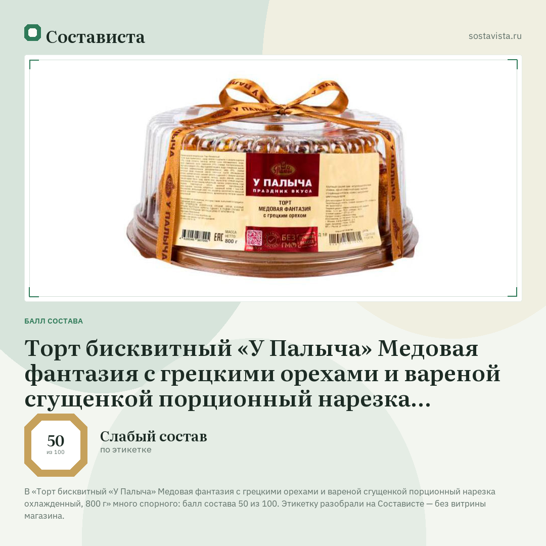 Торт бисквитный «У Палыча» Медовая фантазия с грецкими орехами и вареной сгущенкой порционный нарезка охлажденный, 800 г: балл состава 50 из 100 — Состависта