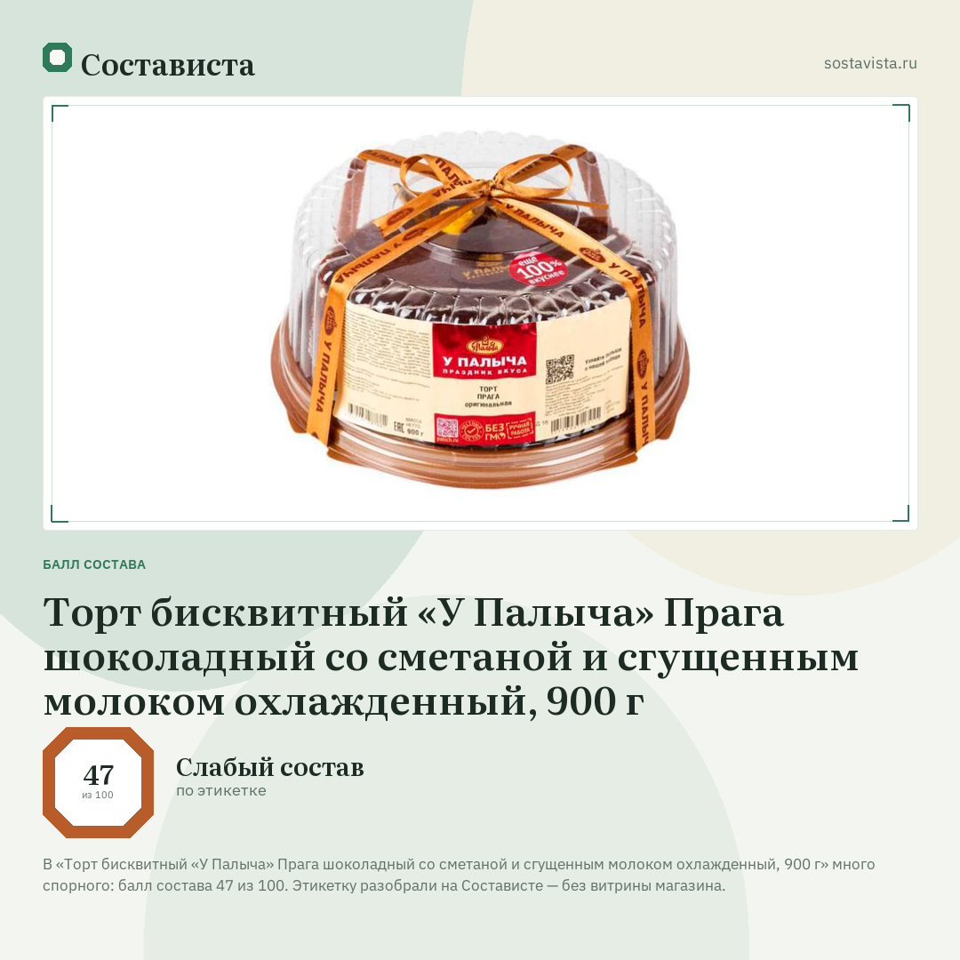 Торт бисквитный «У Палыча» Прага шоколадный со сметаной и сгущенным молоком охлажденный, 900 г: балл состава 47 из 100 — Состависта