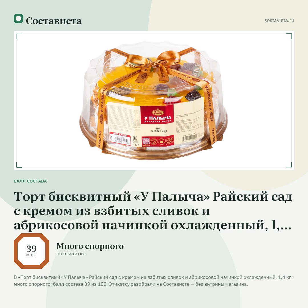 Торт бисквитный «У Палыча» Райский сад с кремом из взбитых сливок и абрикосовой начинкой охлажденный, 1,4 кг: балл состава 39 из 100 — Состависта
