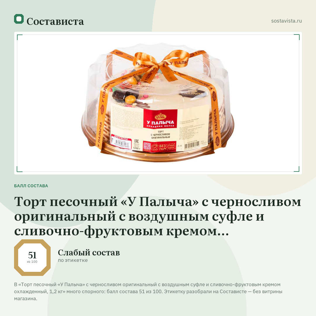 Торт песочный «У Палыча» с черносливом оригинальный с воздушным суфле и сливочно-фруктовым кремом охлажденный, 1,2 кг: балл состава 51 из 100 — Состависта