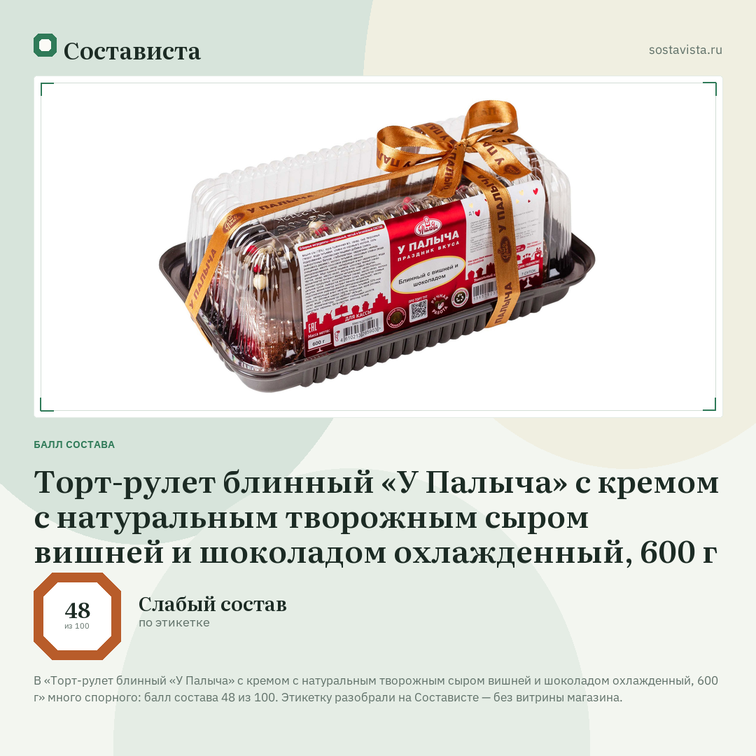 Торт-рулет блинный «У Палыча» с кремом с натуральным творожным сыром вишней и шоколадом охлажденный, 600 г: балл состава 48 из 100 — Состависта