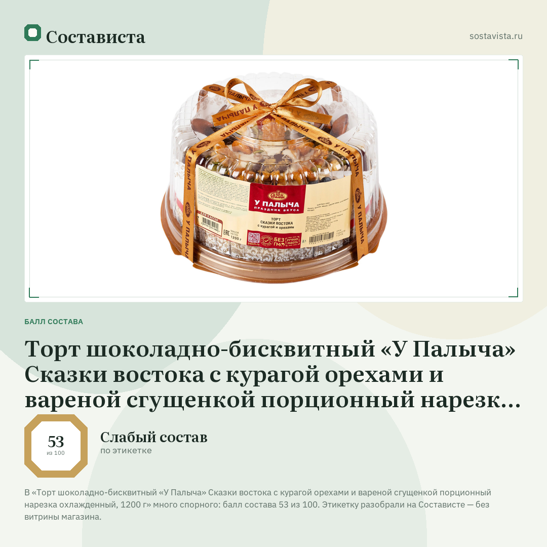 Торт шоколадно-бисквитный «У Палыча» Сказки востока с курагой орехами и вареной сгущенкой порционный нарезка охлажденный, 1200 г: балл состава 53 из 100 — Состависта