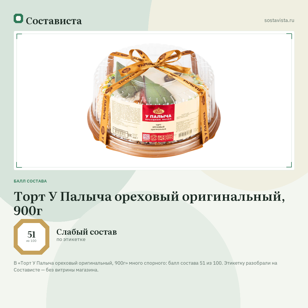 Торт У Палыча ореховый оригинальный, 900г: балл состава 51 из 100 — Состависта