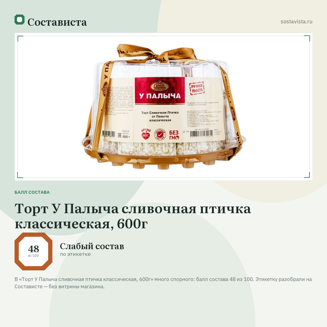 Торт У Палыча сливочная птичка классическая, 600г: балл состава 48 из 100 — Состависта