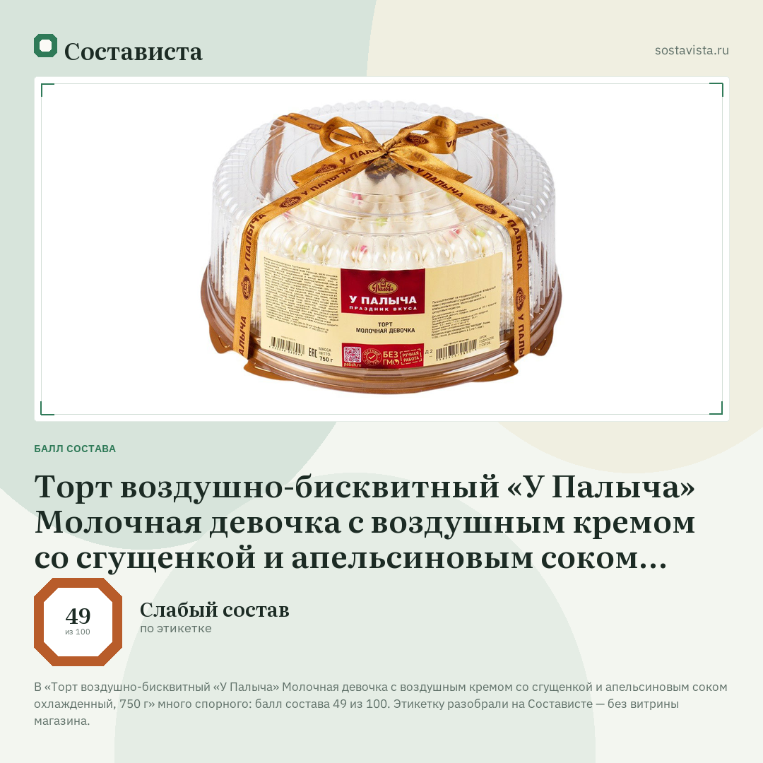 Торт воздушно-бисквитный «У Палыча» Молочная девочка с воздушным кремом со сгущенкой и апельсиновым соком охлажденный, 750 г: балл состава 49 из 100 — Состависта