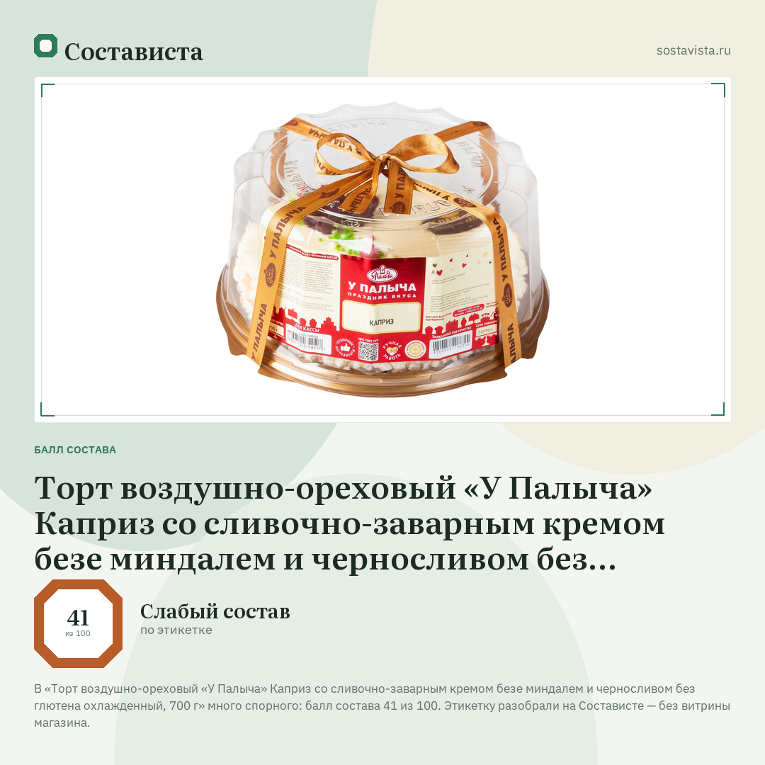 Торт воздушно-ореховый «У Палыча» Каприз со сливочно-заварным кремом безе миндалем и черносливом без глютена охлажденный, 700 г: балл состава 41 из 100 — Состависта
